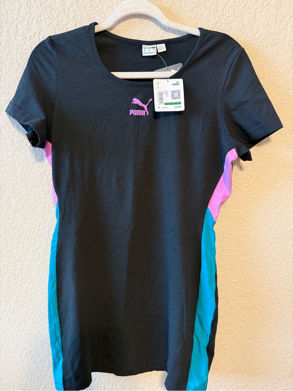 Puma Black Short-Sleeve dress with Pink & Teal Side Panels